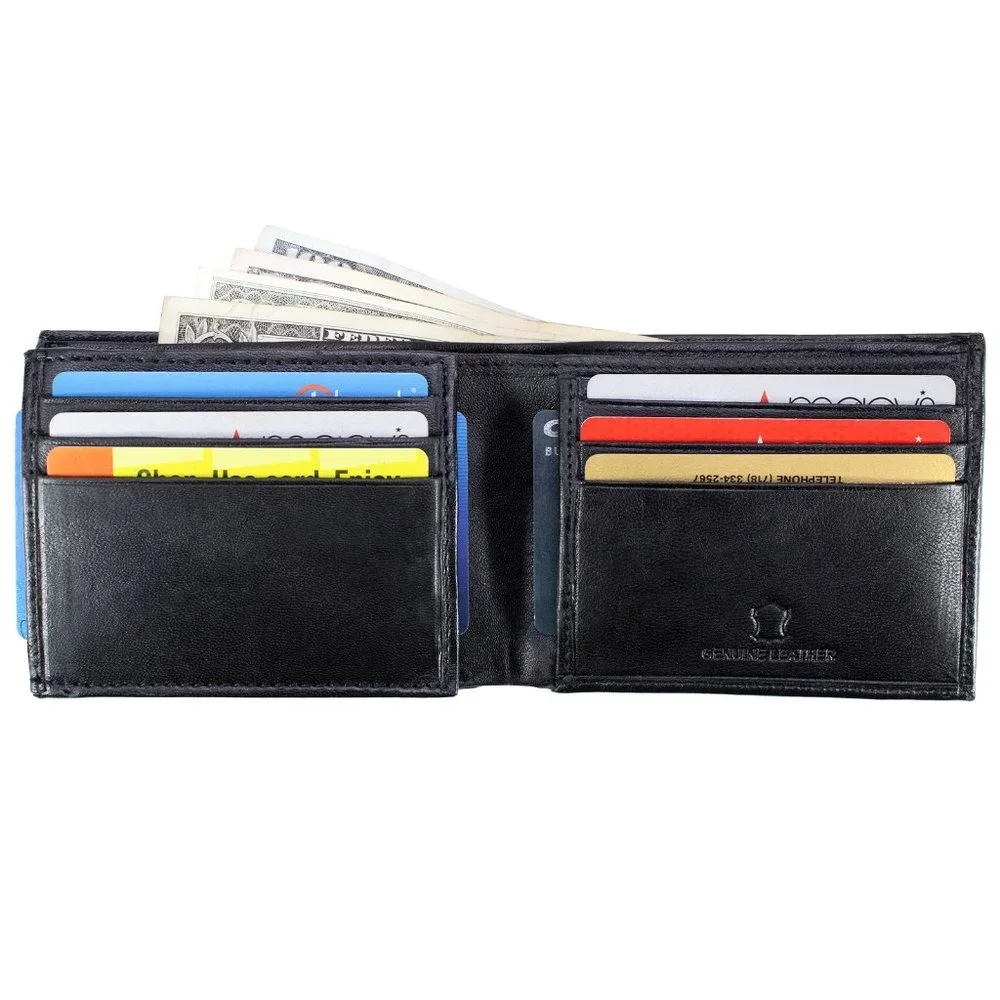 Leather Mens Wallet in Lambskin Leather, Black, Bifold Wallet